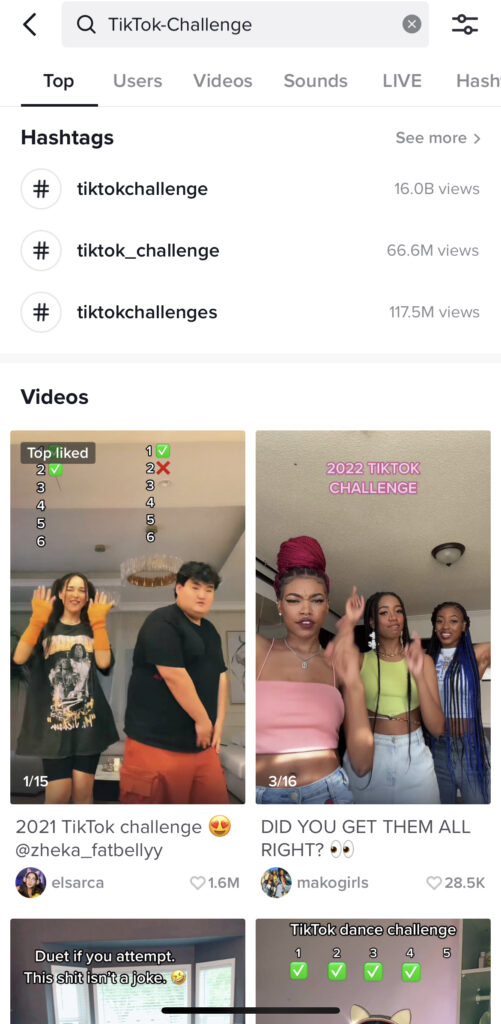 Screenshot of videos of hashtag challenge to get more followers on TikTok.