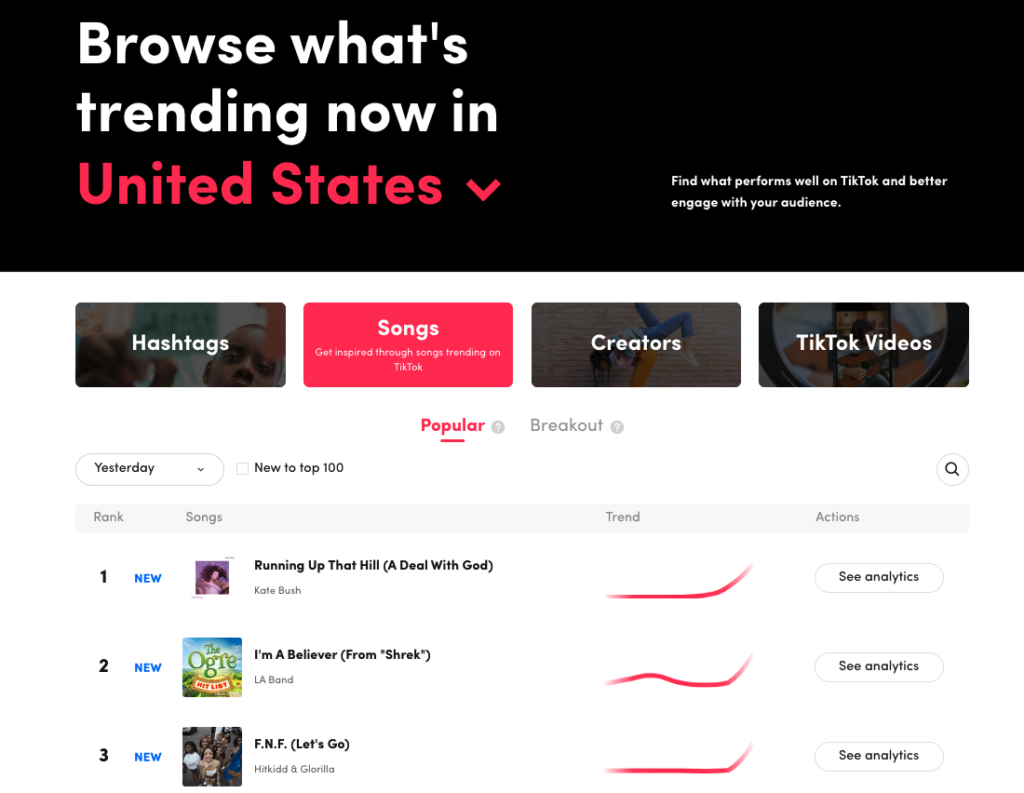 TikTok’s Trend Discovery page displaying options to search for popular TikTok songs.