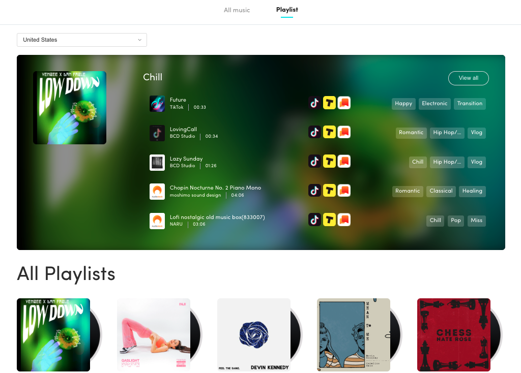 TikTok’s Audio Library showing the Playlist explore option.