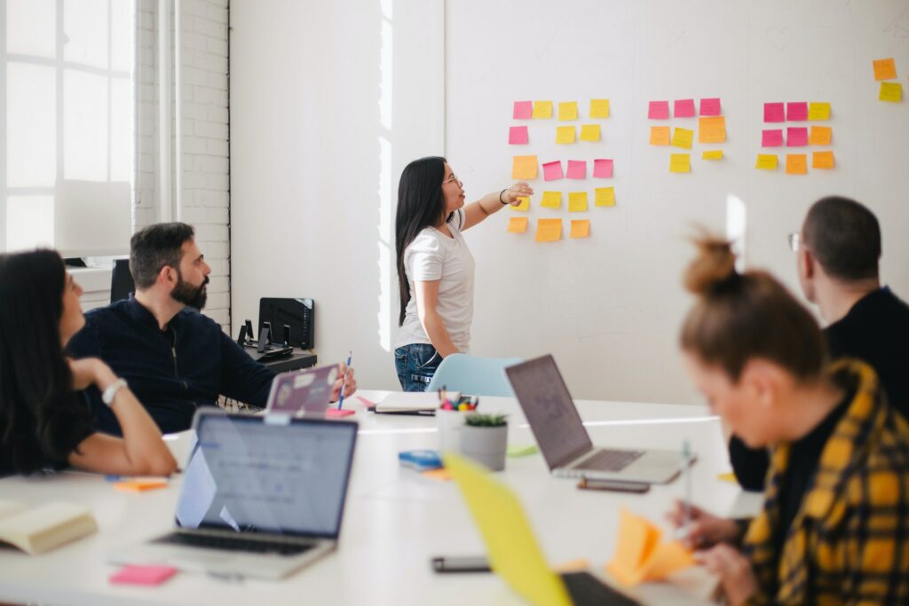A group of people having a meeting.