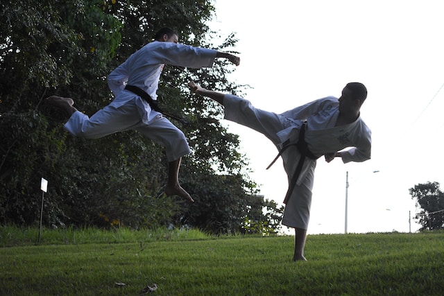 Two men doing karate on a grassy field.