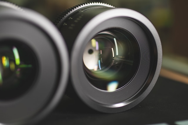 Close-up of a professional camera lens.