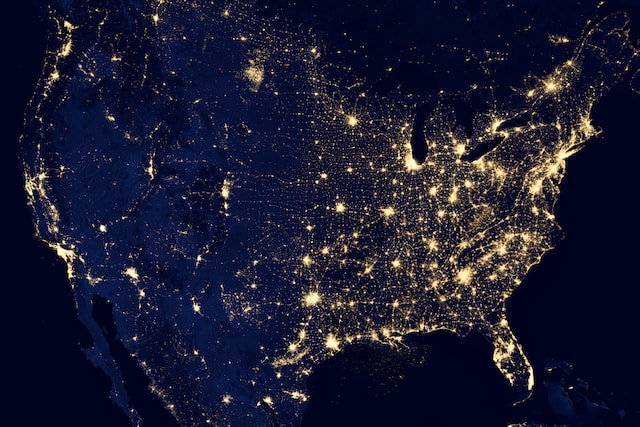 Aerial image of a continent at night.