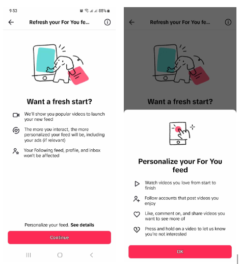 Screenshots of TikTok’s Refresh your For You feed feature.
