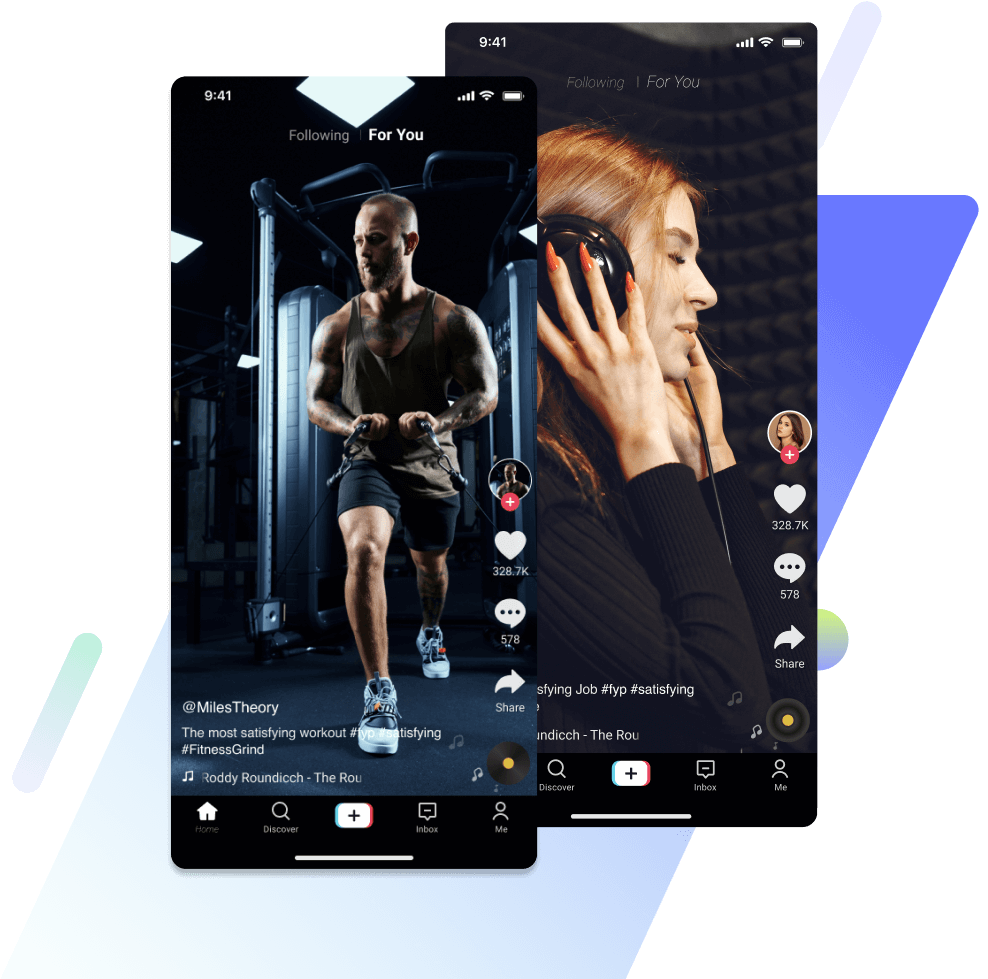 Two TikTok videos on mobile devices showing increased engagement: one shows a man working out, and the other has a woman enjoying music.