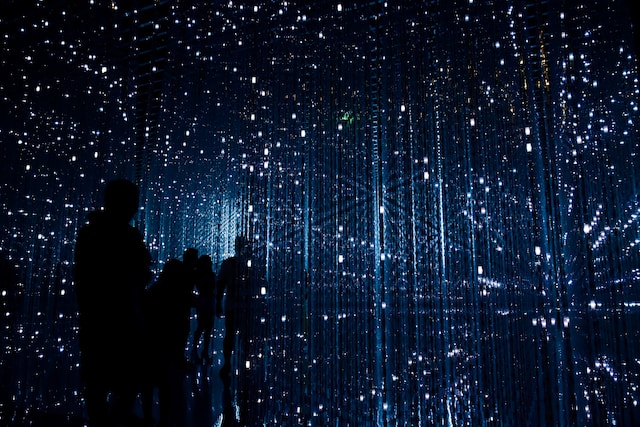 Silhouettes of people in a dark room full of lights.