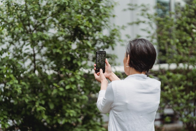 A girl recording a video of plants for her TikTok.