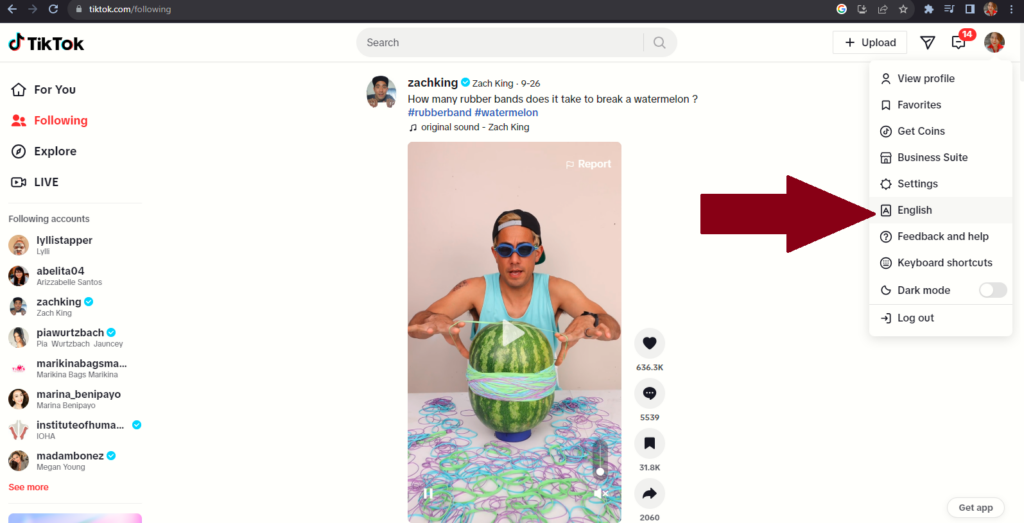 A TikTok screenshot shows how to change the language on TikTok on a desktop PC.