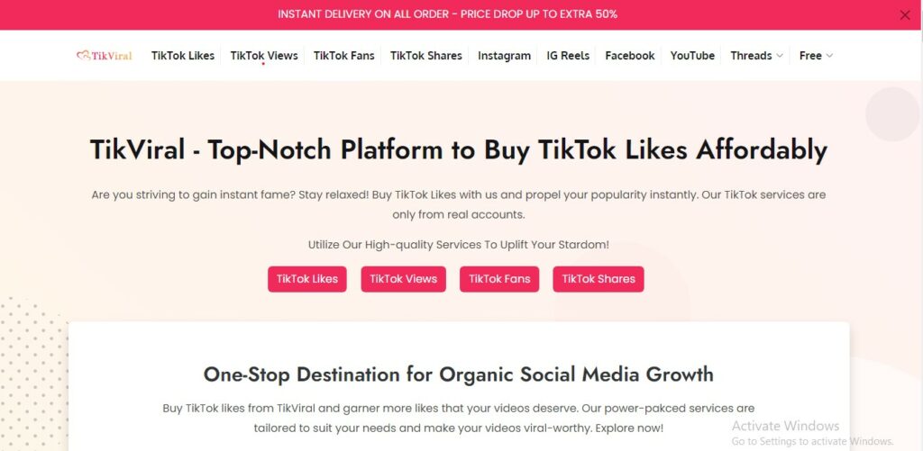 High Social’s screenshot of TikViral’s homepage on a desktop browser.