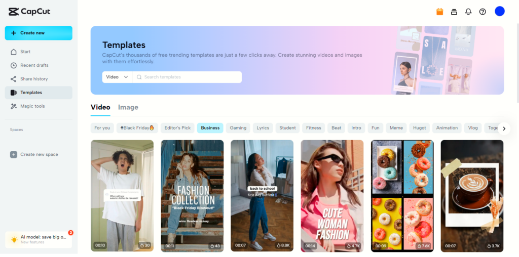 Screenshot of CapCut template home screen featuring various colorful and stylish templates for TikTok creators.