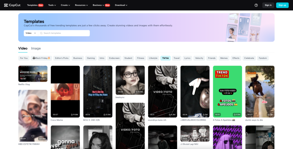 CapCut homepage screen of TikTok templates.