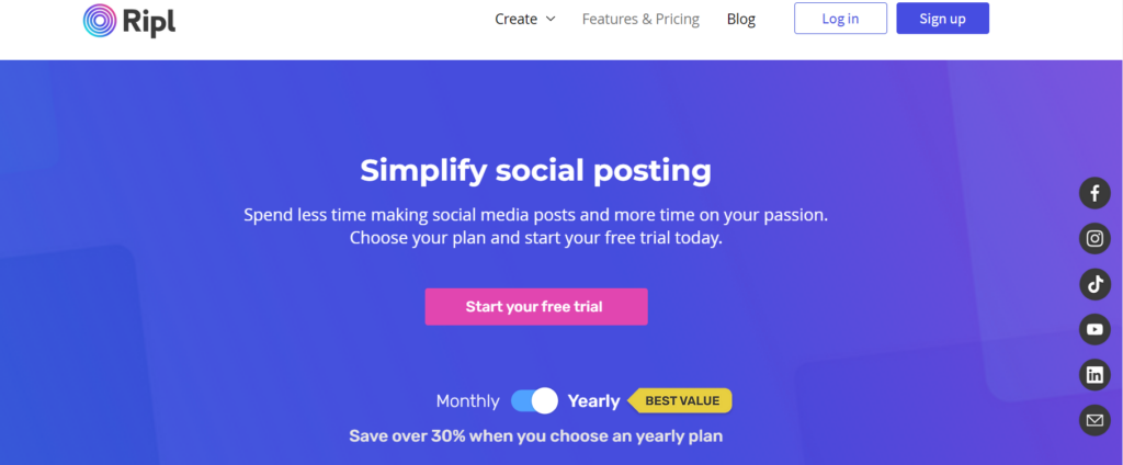 High Social’s screenshot of Ripl’s plans and pricing webpage on a laptop.