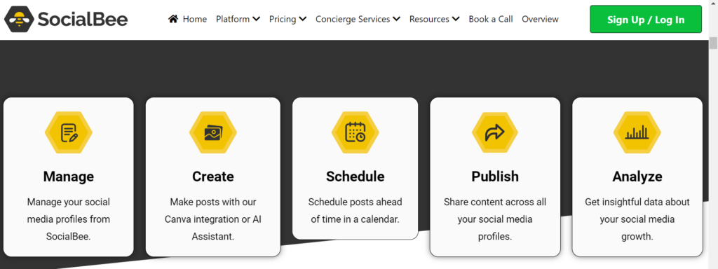 High Social’s screenshot of SocialBee’s webpage displaying the tool’s features.