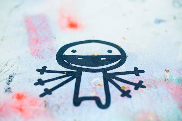 A cartoon man with many hands pointing in different directions.