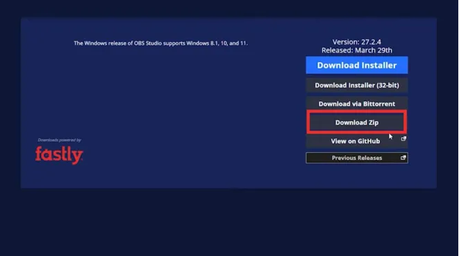 Screenshot of OBS webpage with options to download a zip file.