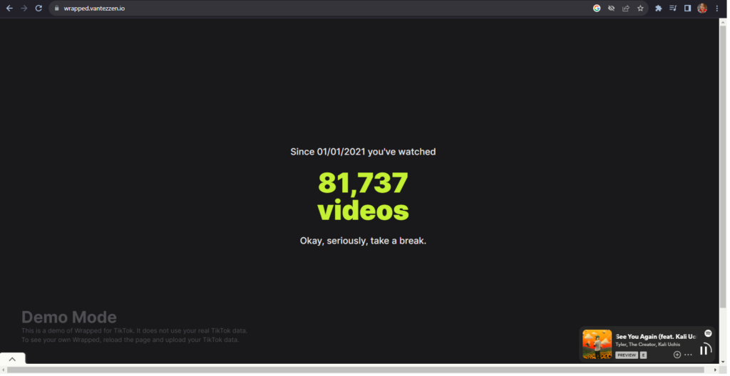 A screenshot of a Wrapped page showing that the user watched 81,737 videos this year.