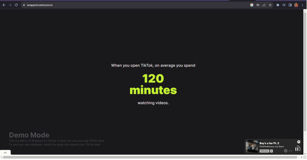 A screenshot of a Wrapped page showing that the user spent an average of 120 minutes watching videos daily that year.