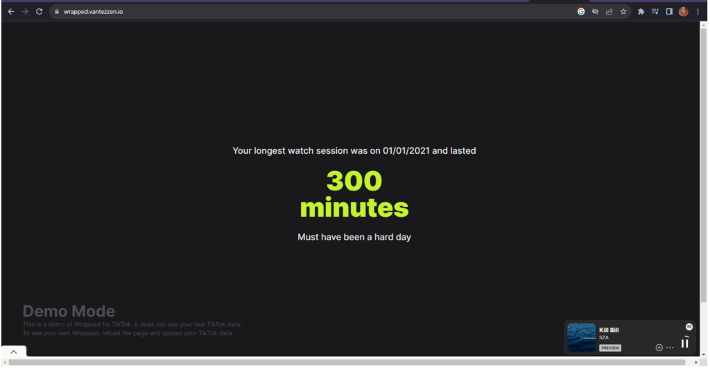 A screenshot of a Wrapped page showing that the user’s longest watch session was 300 minutes one day.