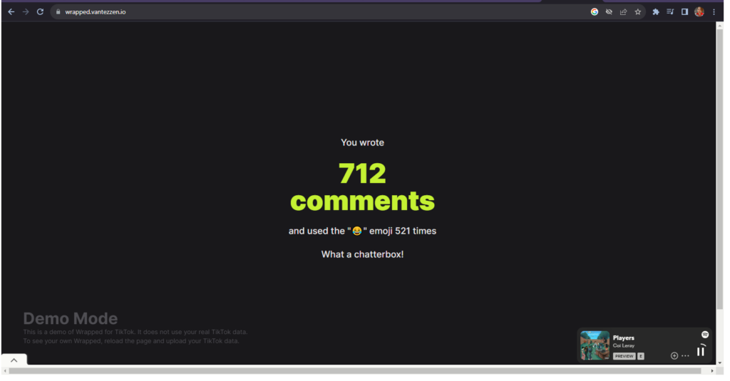 A screenshot of a Wrapped page showing that the user wrote 712 comments and used the crying laughing emoji 521 times.