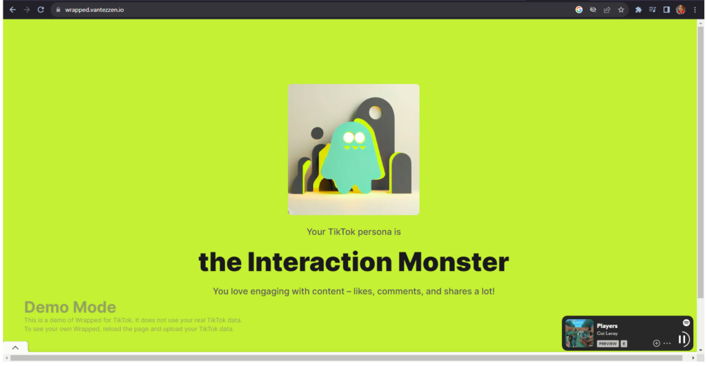A screenshot of a Wrapped page showing that the user’s TikTok persona is the “Interaction Monster.”