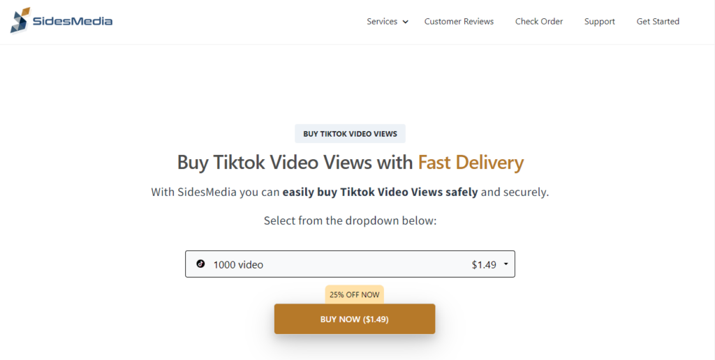 High Social’s screenshot of SidesMedia’s page to buy TikTok video views.