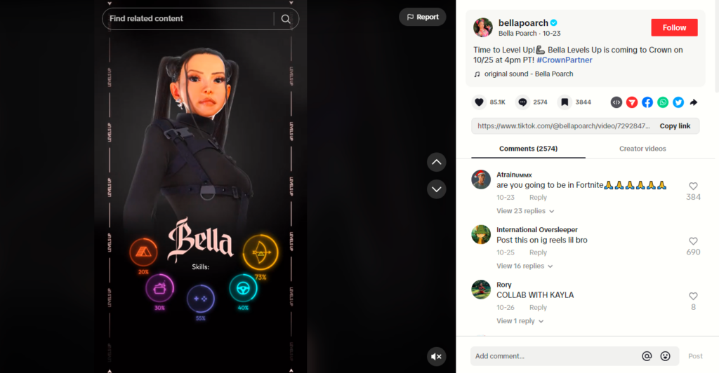 A screenshot of a TikTok video featuring a cartoon female in a black skintight suit.