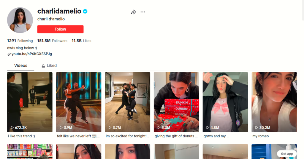 A screenshot of a TikTok profile featuring a popular female influencer.