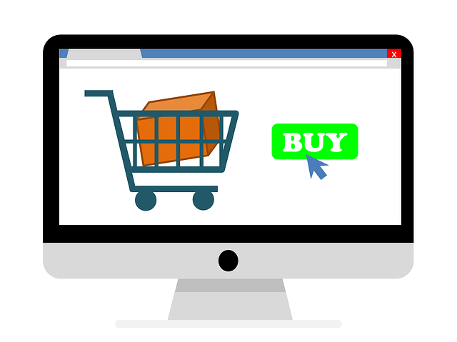 An illustration of a desktop showing an online shopping cart with the buy button beside