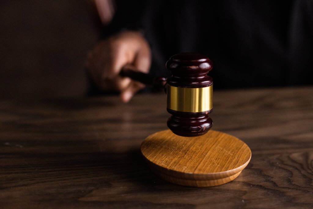 A person hits the gavel on a block.