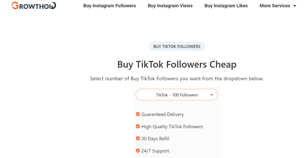 High Social’s screenshot of Growthoid’s TikTok follower sales page.