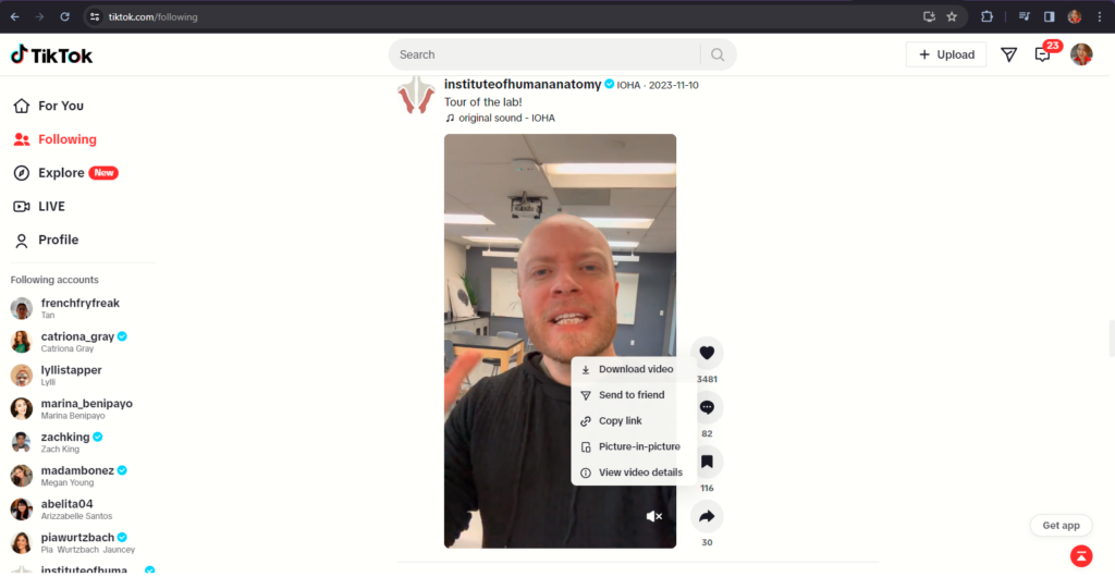 Screenshots of the TikTok site showing the navigation panel and a For You feed video.
