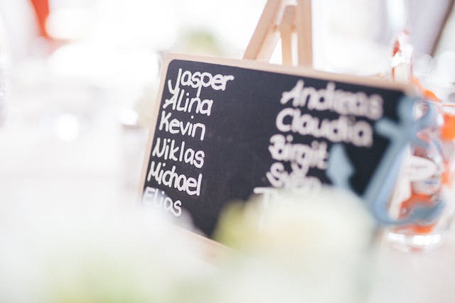 A photo of a chalkboard with a list of names on it.