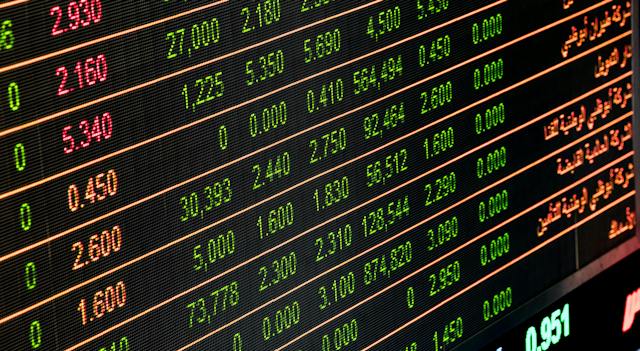 A close-up image of a digital screen showing stock market numbers.