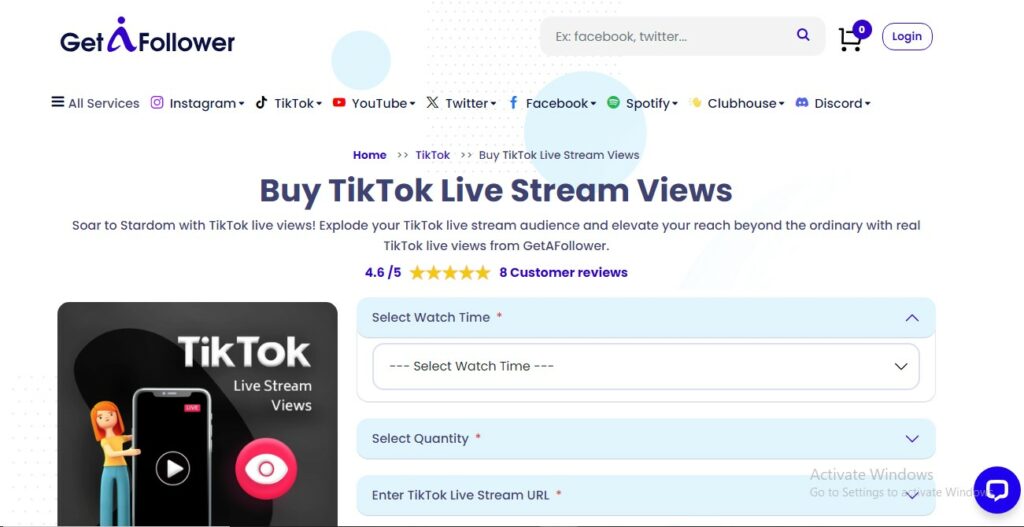 High Social’s screenshot of the GetAFollower webpage to buy TikTok Live views.