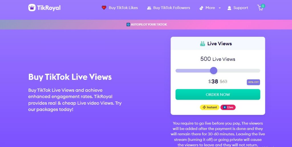High Social’s screenshot of the TikRoyal website page to buy TikTok Live views.