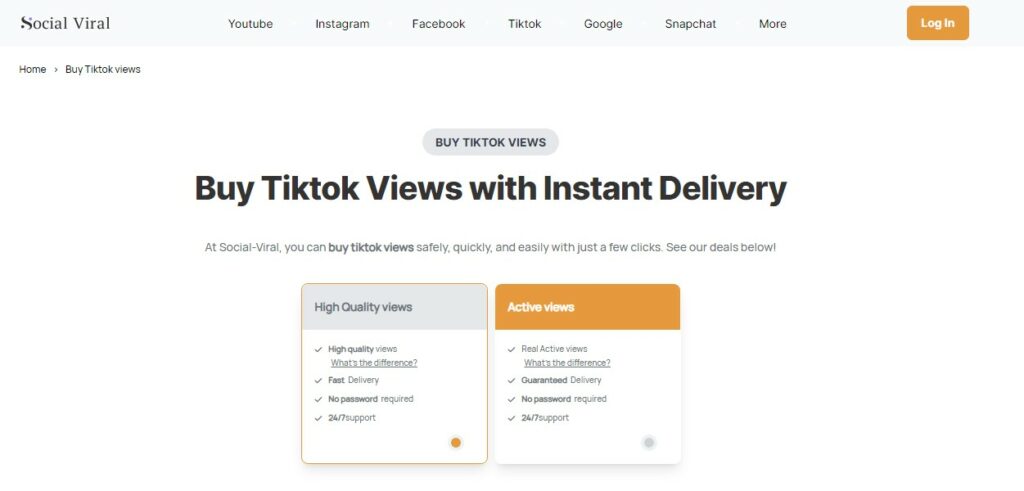 High Social’s screenshot of the Social Viral website displaying the page to buy TikTok views.