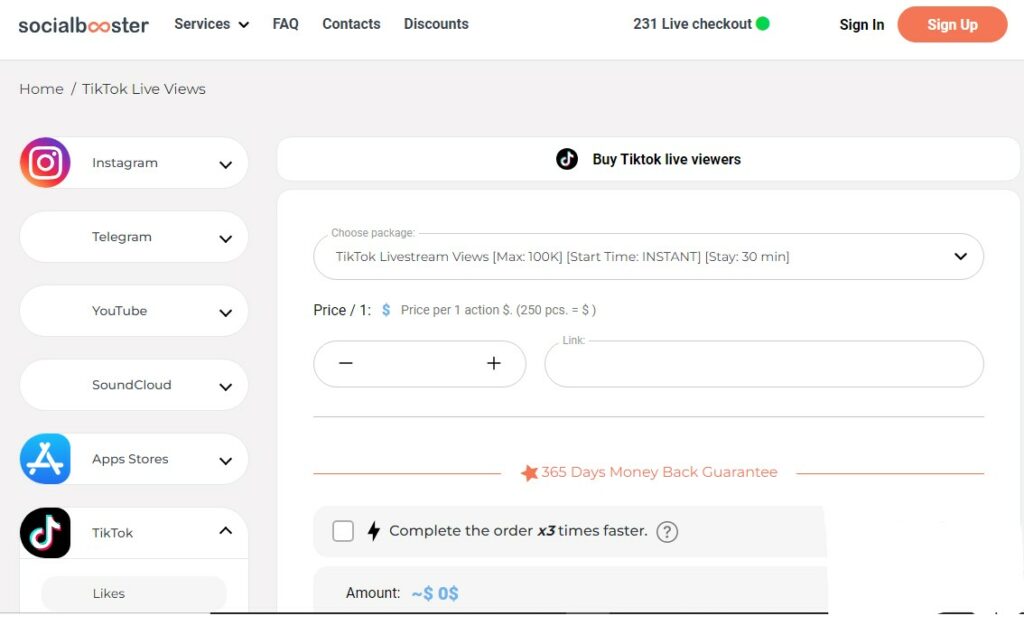 High Social’s screenshot of the SocialBooster website page for buying TikTok Live views.