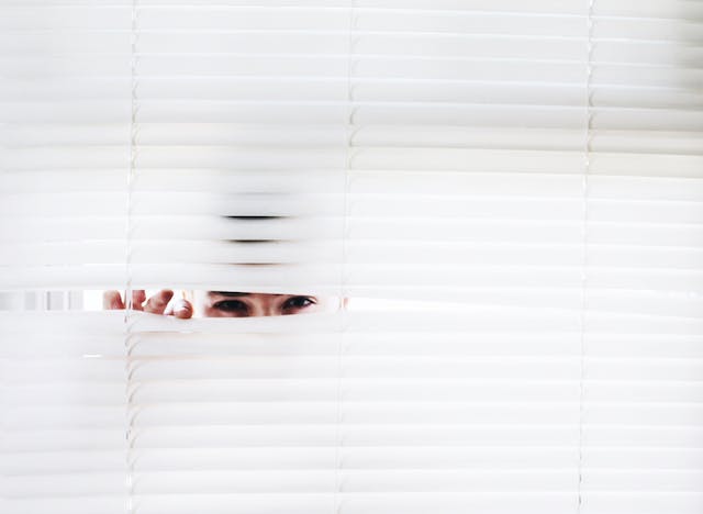 A woman peeks through window blinds.