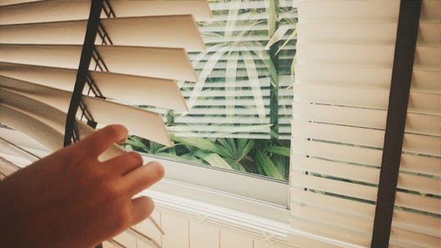 A person pushes open white window blinds to look outside.