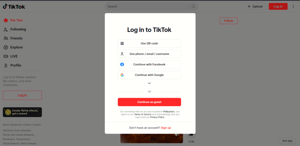 High Social’s screenshot of TikTok’s log-in page which shows the option to browse as a guest.