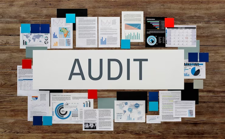 Several fliers and papers on a table with a large paper that reads "AUDIT."