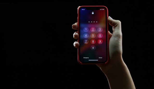 A phone screen displays the numeric keypad to unlock the device.