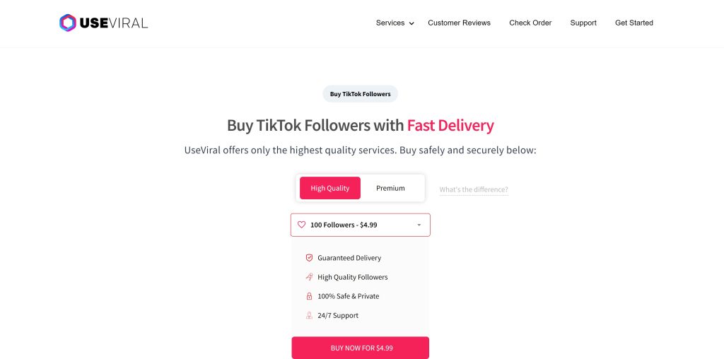 High Social’s screenshot of the UseViral web page to buy followers.