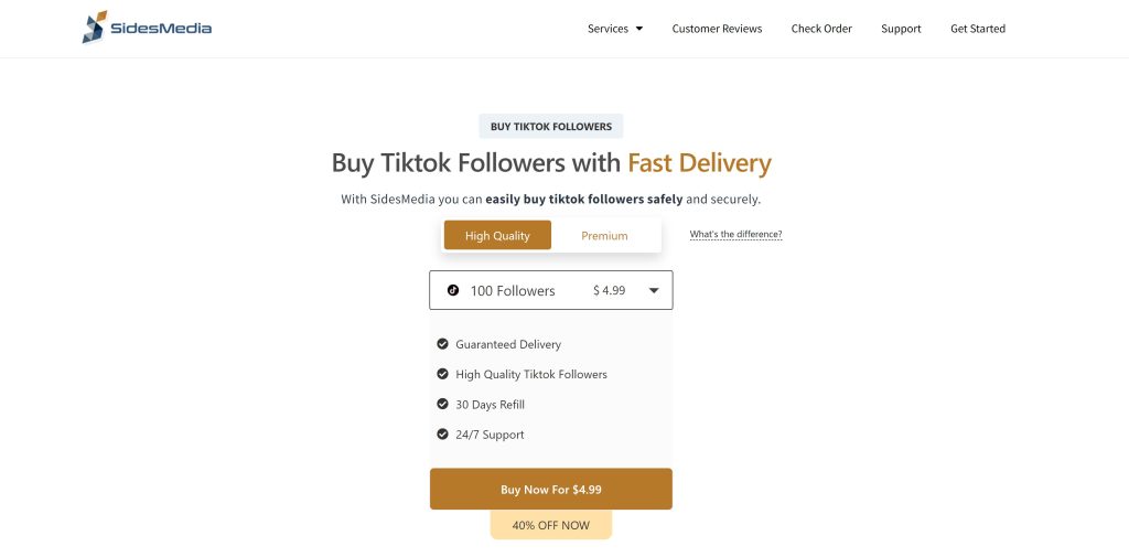 High Social’s screenshot of the SidesMedia website page to buy TikTok followers.
