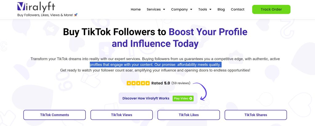 High Social’s screenshot of the Viralyft website prompting readers to buy TikTok followers.