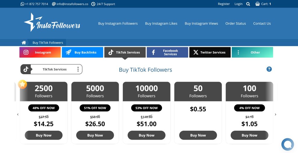 High Social’s screenshot of the InstaFollowers website page to buyTikTok followers.