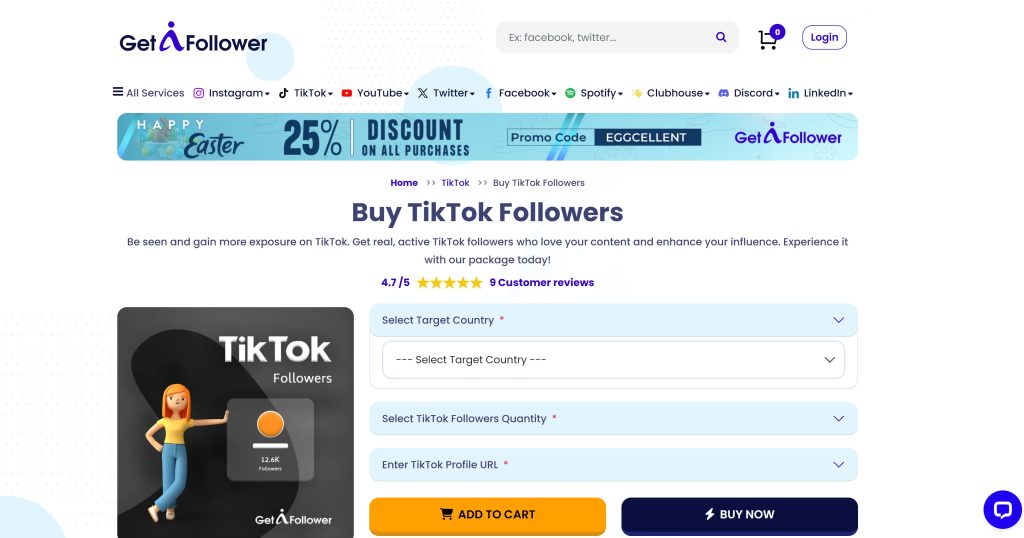 High Social’s screenshot of the GetAFollower website prompting viewers to buy TikTok followers.