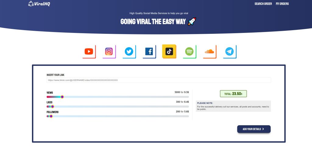 High Social’s screenshot of the ViralHQ website page to buy TikTok followers.