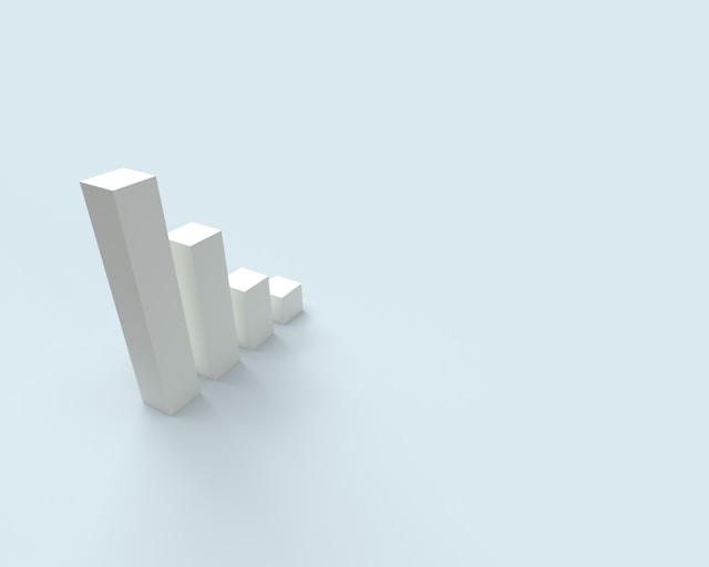 A bar chart with four declining white bars on a light blue background.