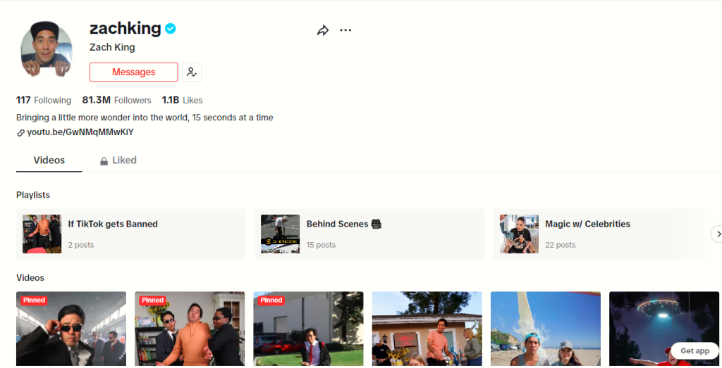High Social’s screenshot of Zach King’s TikTok page.